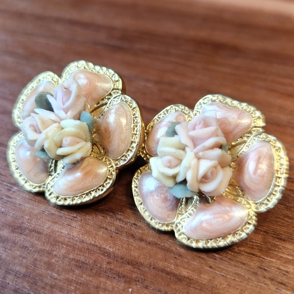 Porcelain Rose and Enamel Earrings - Picture 2 of 3